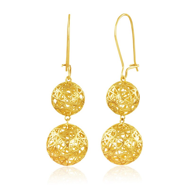 Yellow gold mesh ball dangle earrings
