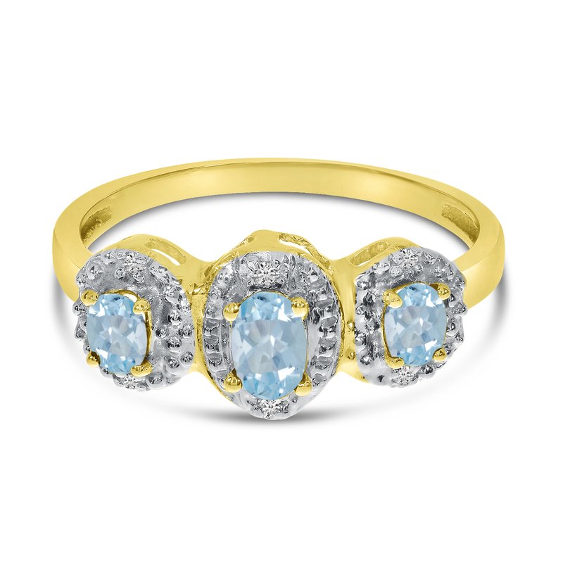 14k Yellow Gold Oval Aquamarine And Diamond Three Stone Ring 