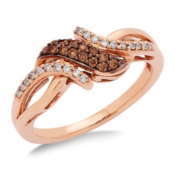 Rose gold ring with caramel and white diamonds, with a split shank