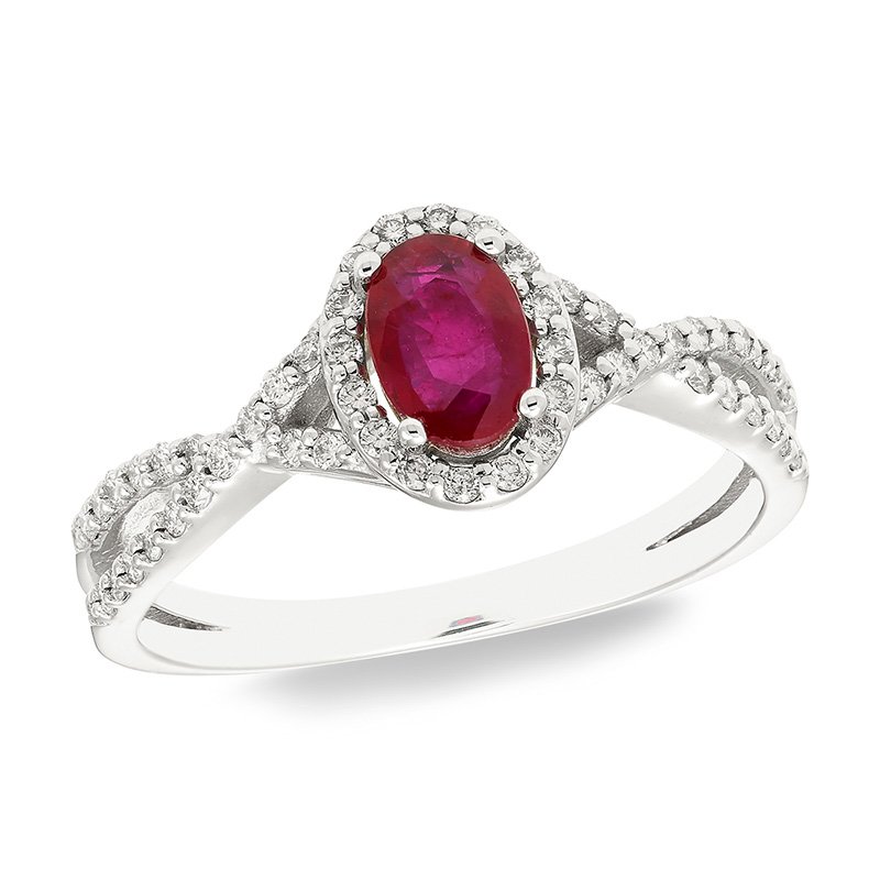 White gold, oval genuine ruby and diamond ring