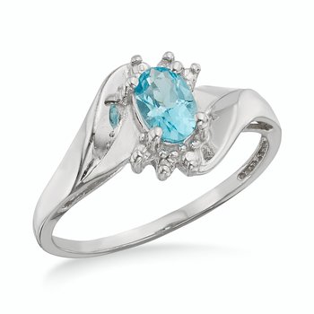 White gold, oval genuine Swiss blue topaz and diamond ring with twisted shank