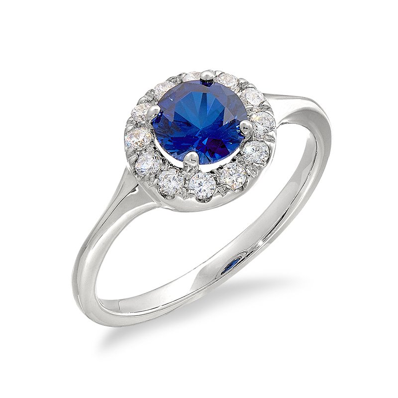 Sterling silver, cubic zirconia, and synthetic sapphire round halo fashion ring