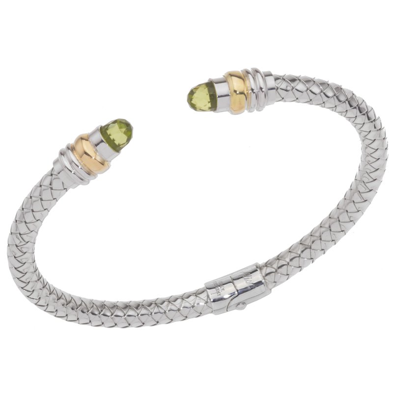 Alisa VHB 416 FP Faceted Peridot cabochons Sterling Traversa Spring Cuff Bracelet, Yellow Gold Rondelles