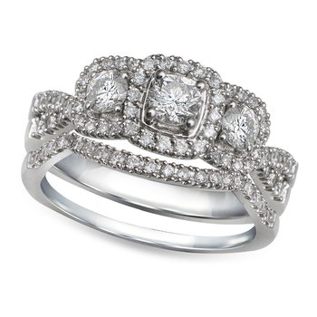 White gold, 3-stone, round diamond halo bridal set