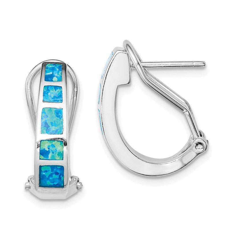 Sterling Silver Created Blue Opal Inlay Hoop Earrings 