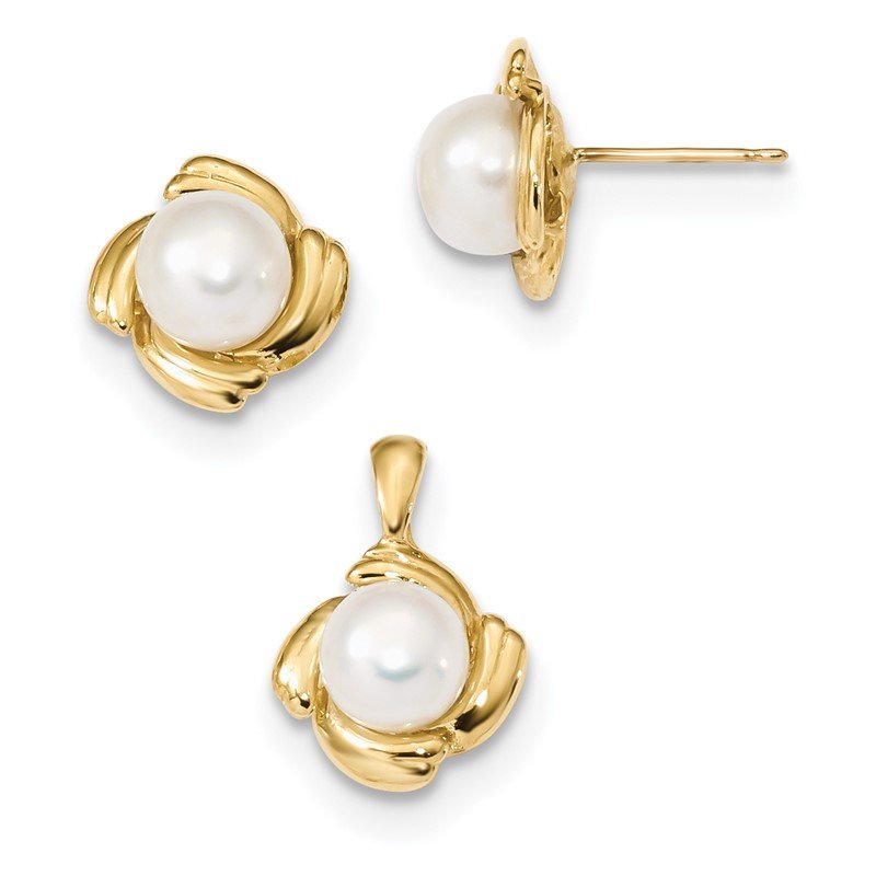 Jewel Tie 14k Yellow Gold 6-7mm White Button FWC Simulated Pearl Earring and Pendant Set 