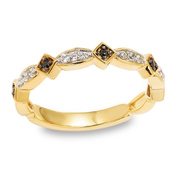 Yellow gold stackable band with black and white diamonds