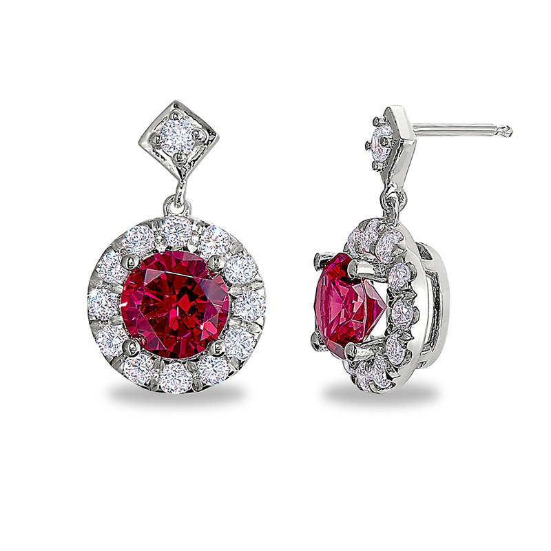 Sterling silver, cubic zirconia, and synthetic ruby round halo earrings