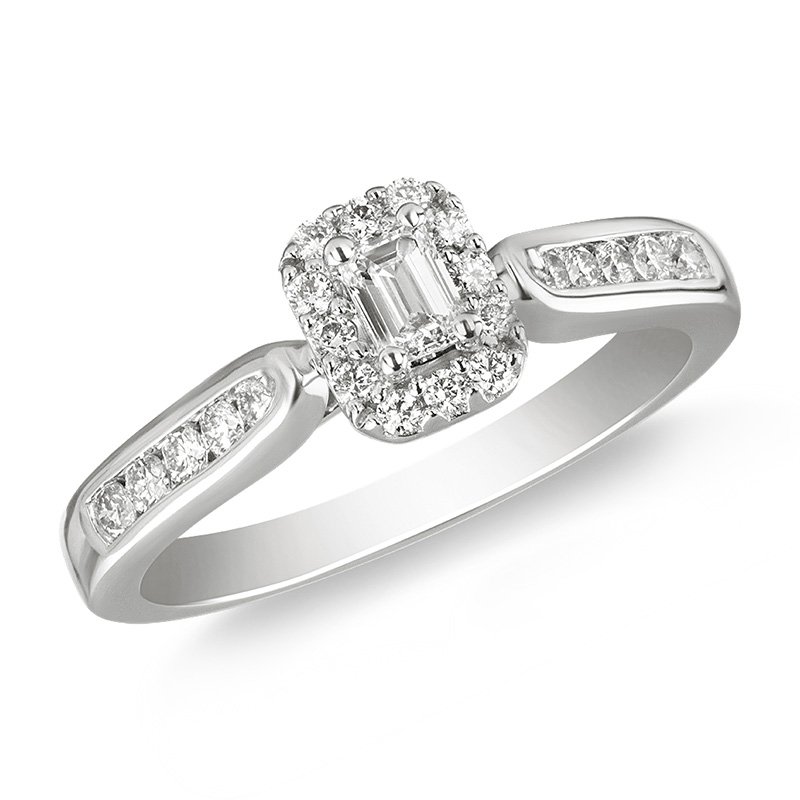 White gold, emerald-cut and round diamond halo engagement ring