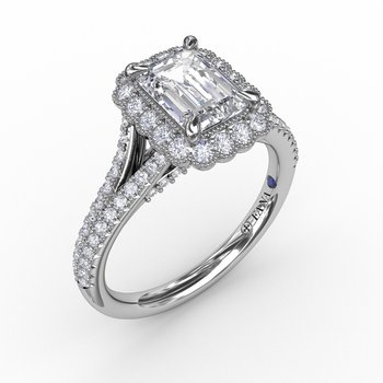 Vintage Emerald Cut Diamond Halo Engagement Ring With Split Shank