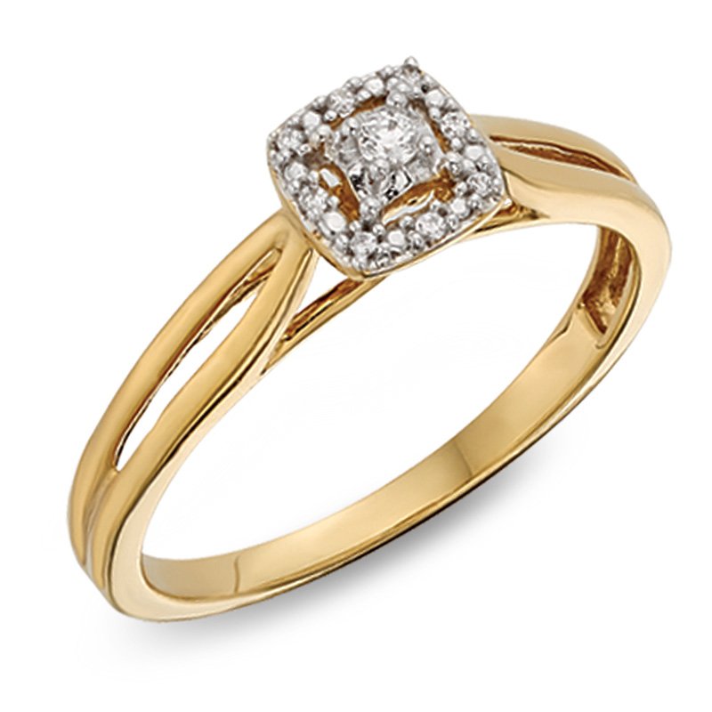 Yellow gold, square-shaped diamond halo engagement ring