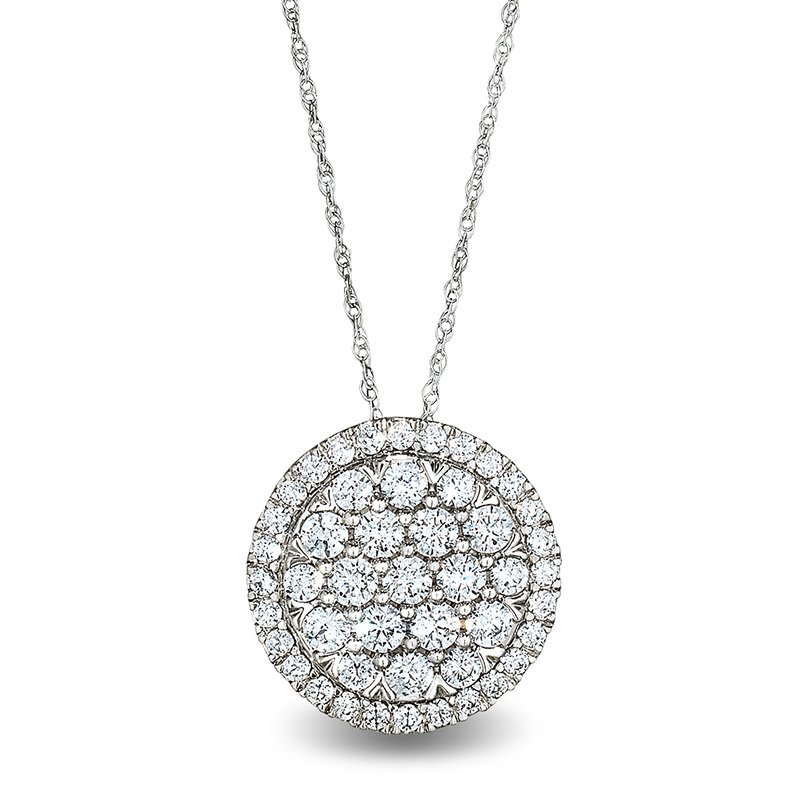 White gold, round, multi-diamond halo pendant