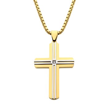 18K Gold IP & Thin Steel Line Layered Cross Pendant with Clear CZ, with Box Chain SSP485YGPNK