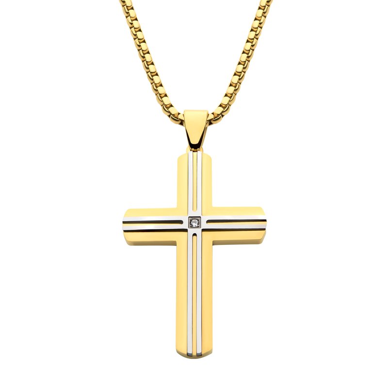 INOX Jewelry 18K Gold IP & Thin Steel Line Layered Cross Pendant with Clear CZ, with Box Chain SSP485YGPNK