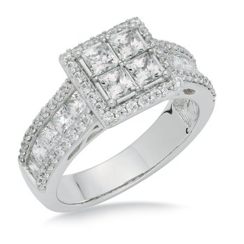 White gold, princess-shape halo engagement ring