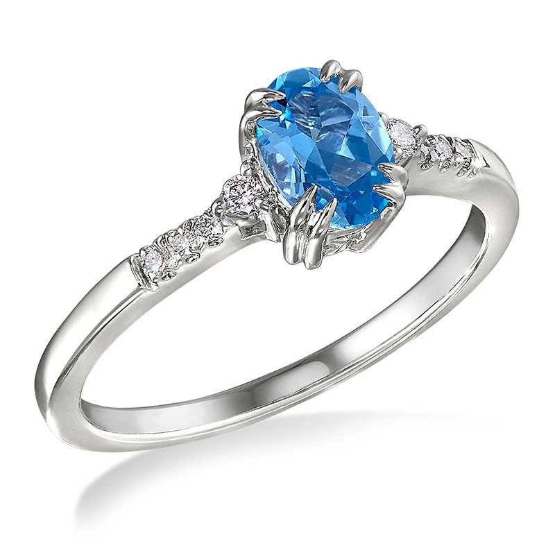 White gold, created aquamarine spinel and diamond fashion ring