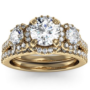 Pave Halo Three Stone Ring with Matching Band & Diamond Accents