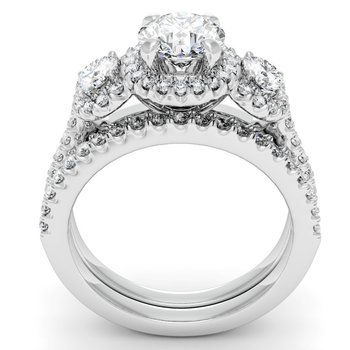 Pave Halo Three Stone Ring with Matching Band & Diamond Accents