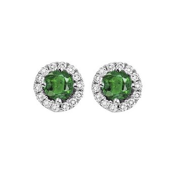 Round Emerald & Diamond Halo Stud Earrings in 14K White Gold (1/7 ct. tw.)