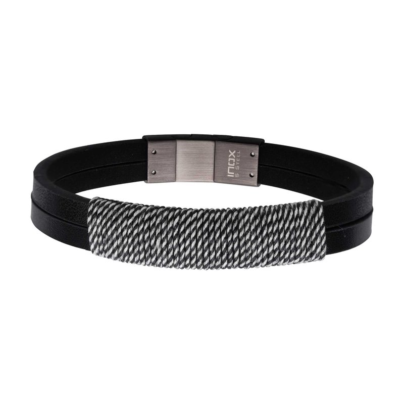 INOX Jewelry Shoreline Cotton Wrapped Black Leather Bracelet BR39562BK