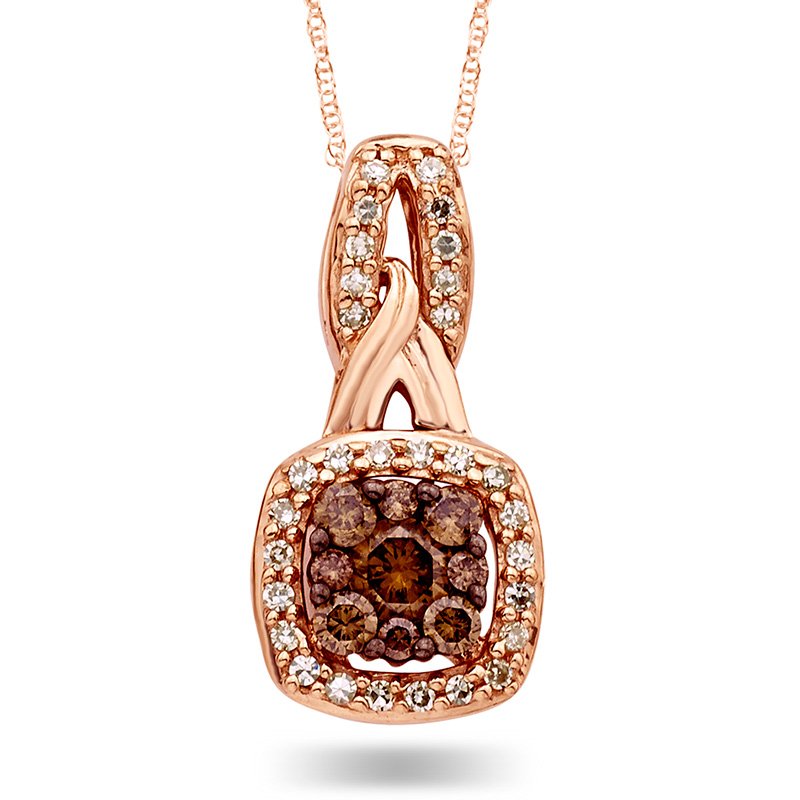 Rose gold, cushion-shape diamond halo pendant with round caramel and white diamonds
