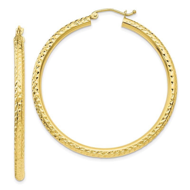 14K Yellow Gold Diamond-cut 3mm Round Hoop Earrings 