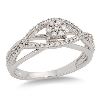 White gold, petite round diamond engagement ring with crossed shank