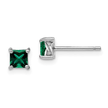 Sterling Silver 4mm Princess Created Emerald Post Earrings