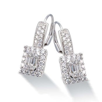 White gold, baguette and round diamond halo dangle earrings