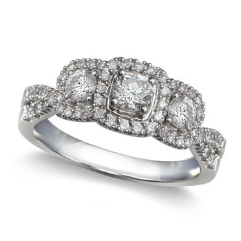 White gold, 3-stone, round diamond halo engagement ring