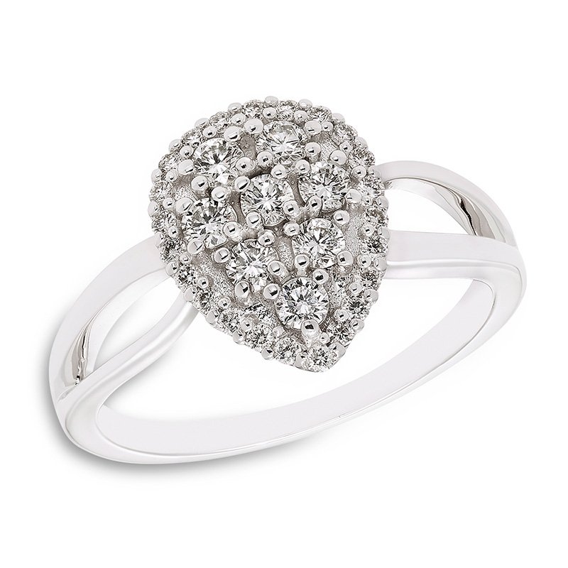 White gold, pear-shape diamond engagement ring with split shank