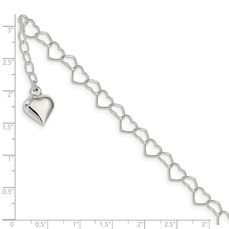 Anklet Sterling Silver 9 Polished Heart w/ 1in ext