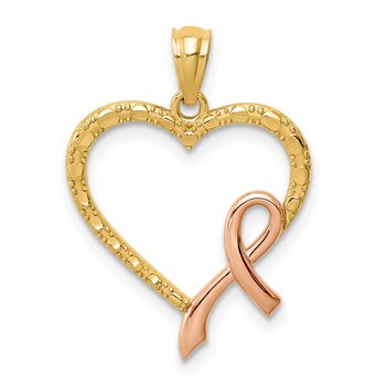 14K Rose Rhodium Pink Ribbon with Heart Pendant