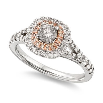 Two-tone gold, round diamond halo engagement ring