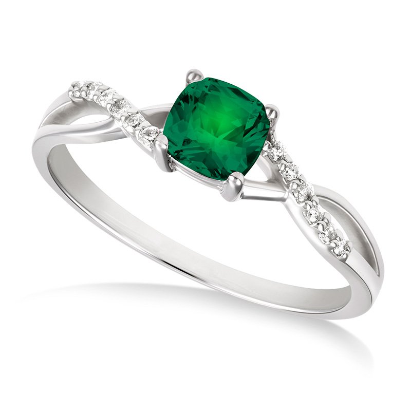 White gold, cushion-cut created emerald and diamond ring with split shank