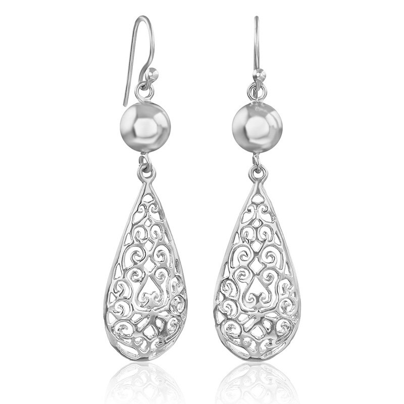 Sterling silver pear-shaped filigree dangle earrings