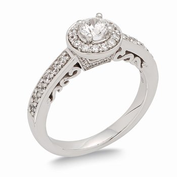 White gold, round diamond halo engagement ring with milgrain