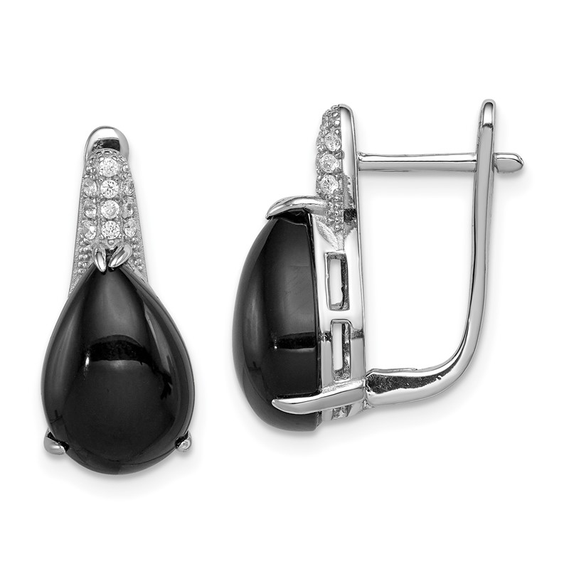 925 Sterling Silver Rhodium-plated CZ & Onyx Hinged Hoop Earrings