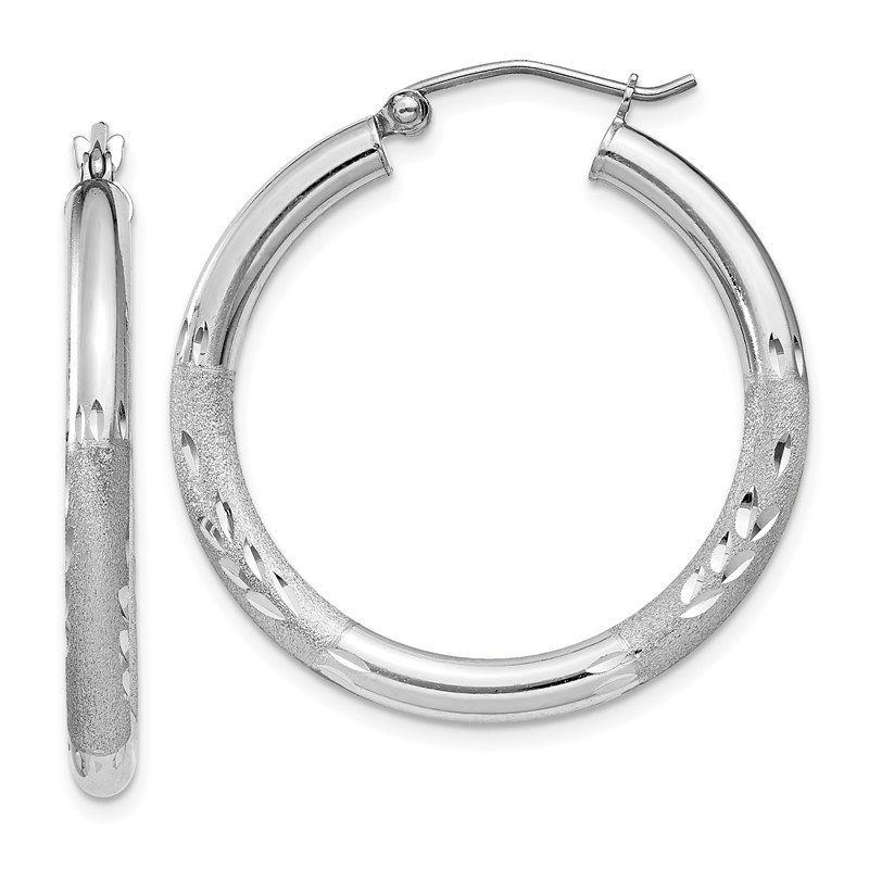 Sterling Silver Rhodium-plated Satin Diamond-Cut Hoop Earrings 