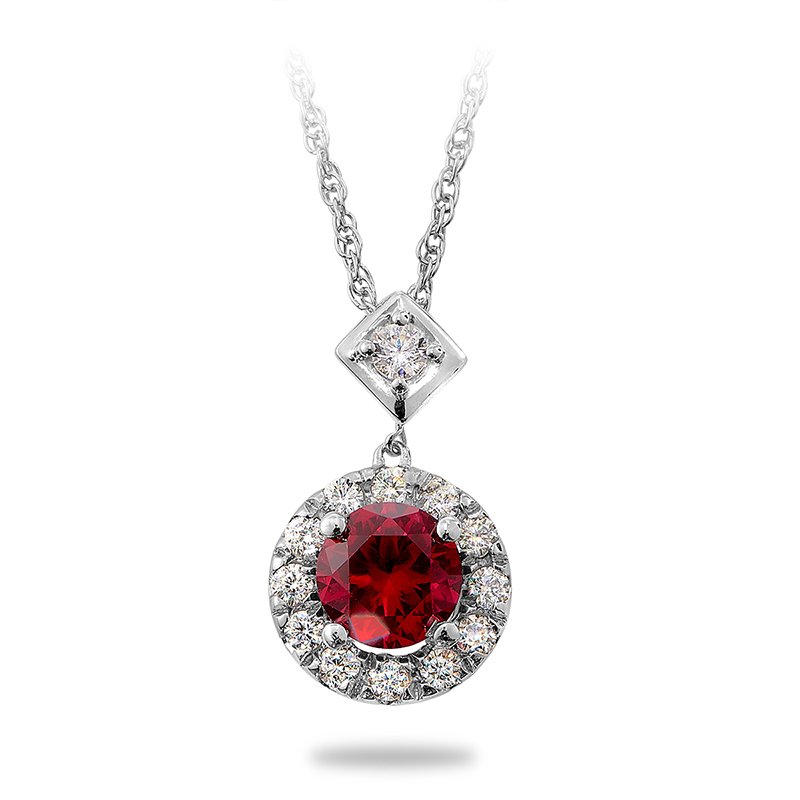 Sterling silver, cubic zirconia, and synthetic ruby round halo fashion pendant