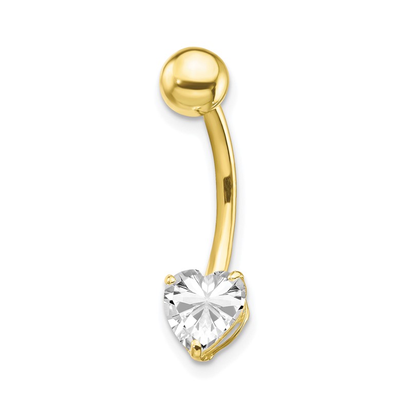 10K Yellow Gold Cubic Zirconia CZ Dangling Heart Belly Button Ring Body Jewelry 