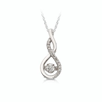 White gold twist pendant with twinkling round center diamond and accent diamonds