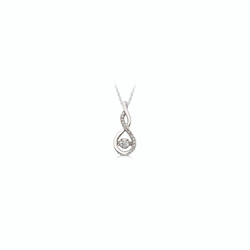 White gold twist pendant with twinkling round center diamond and accent diamonds