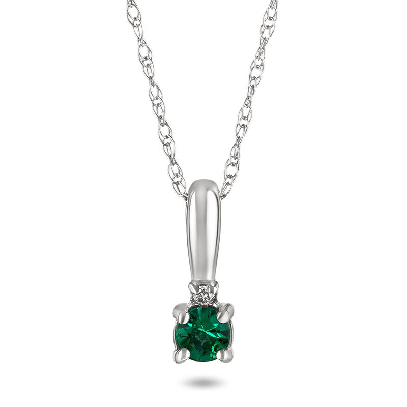 White gold, round genuine emerald and petite diamond pendant