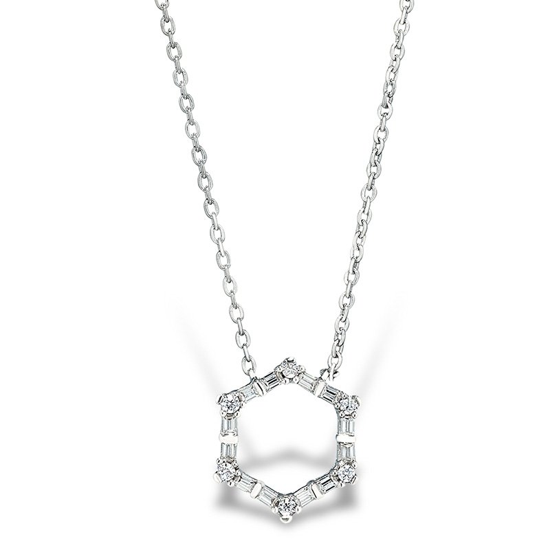 White gold, hexagon-shape necklace with accent diamonds on chain
