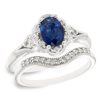 Beatrice white gold and vintage-inspired oval sapphire and diamond bridal set