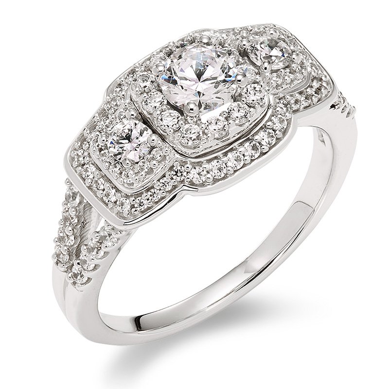 White gold, cushion-shape, 3-stone double diamond halo ring