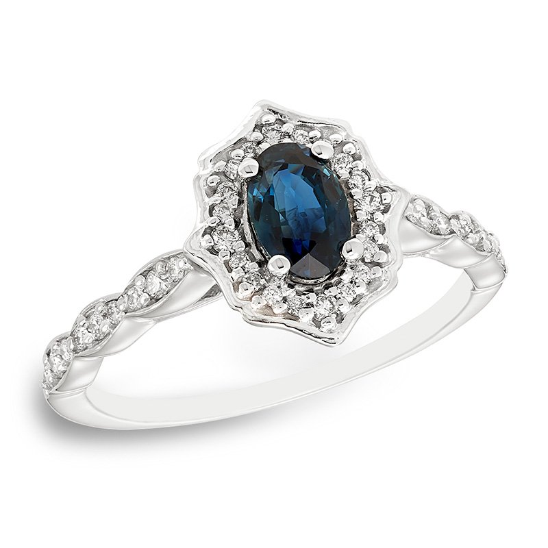 Vintage-inspired white gold, genuine sapphire and oval diamond fashion ring