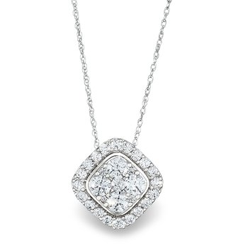 White gold, diamond-shape, multi-diamond halo pendant