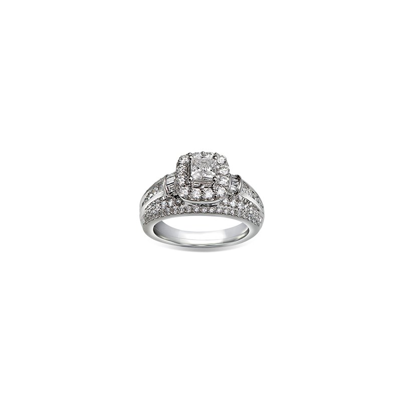 White gold, princess diamond halo engagement ring